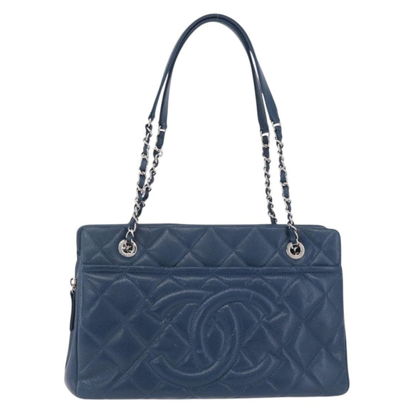 CHANEL Matelasse Chain Tote Bag Caviar Skin Blue Silver CC Auth 209006V