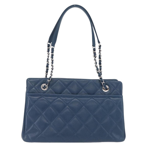 CHANEL Matelasse Chain Tote Bag Caviar Skin Blue Silver CC Auth 209006V