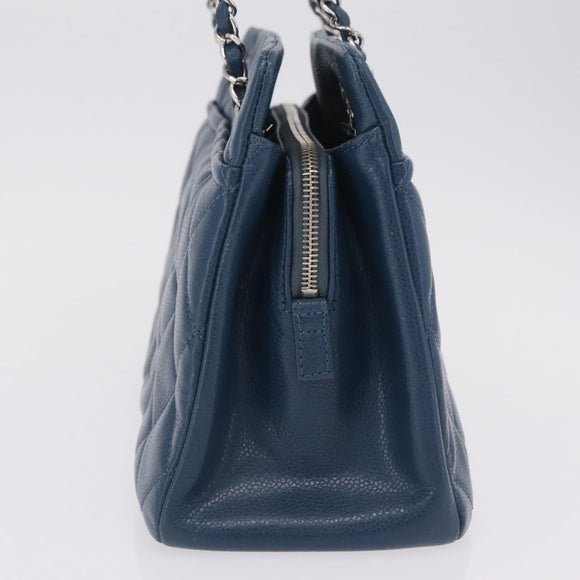 CHANEL Matelasse Chain Tote Bag Caviar Skin Blue Silver CC Auth 209006V