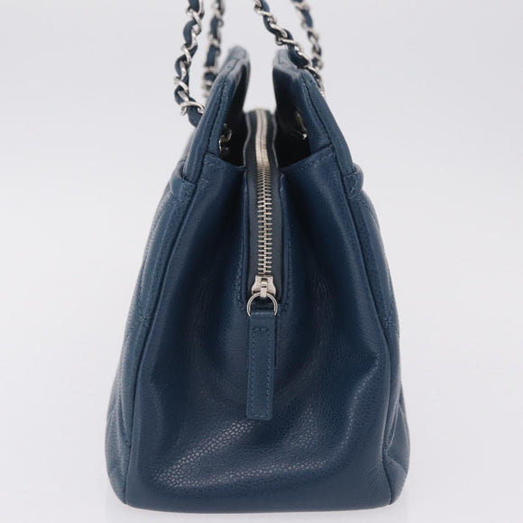 CHANEL Matelasse Chain Tote Bag Caviar Skin Blue Silver CC Auth 209006V
