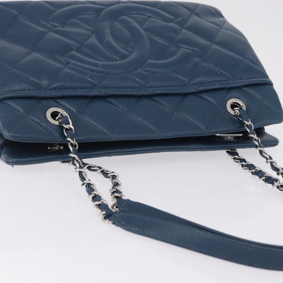 CHANEL Matelasse Chain Tote Bag Caviar Skin Blue Silver CC Auth 209006V