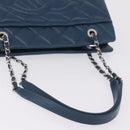 CHANEL Matelasse Chain Tote Bag Caviar Skin Blue Silver CC Auth 209006V-7