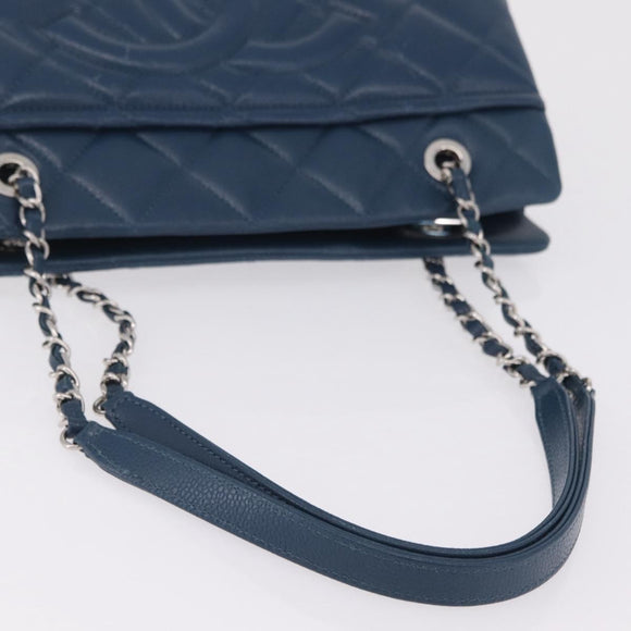 CHANEL Matelasse Chain Tote Bag Caviar Skin Blue Silver CC Auth 209006V