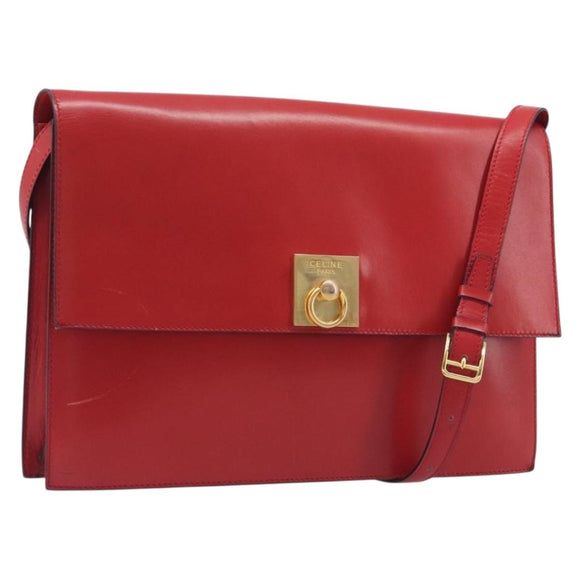 CELINE Shoulder Bag Leather Red Gold Auth 209009