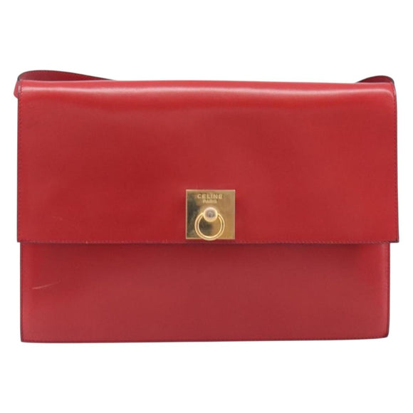 CELINE Shoulder Bag Leather Red Gold Auth 209009