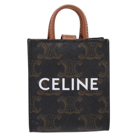 CELINE Macadam Canvas Triomphe Bag Charm PVC Brown Gold Auth 209038M