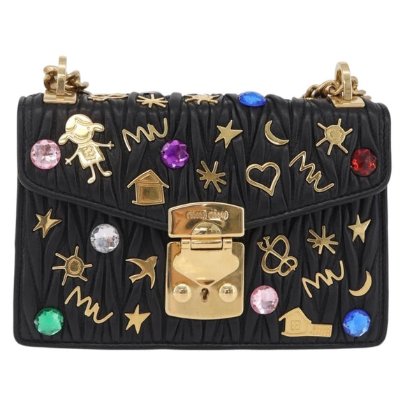Miu Miu Chain Shoulder Bag Leather Black Gold Auth 209040SAM