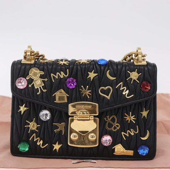 Miu Miu Chain Shoulder Bag Leather Black Gold Auth 209040SAM