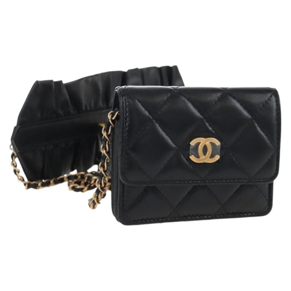 CHANEL Matelasse Mini Chain Wallet Lamb Skin Black Gold Tone CC Auth 209112SAM
