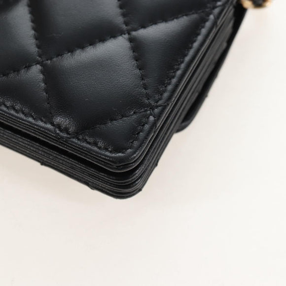 CHANEL Matelasse Mini Chain Wallet Lamb Skin Black Gold Tone CC Auth 209112SAM