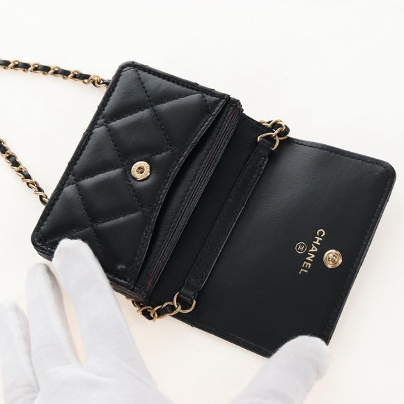 CHANEL Matelasse Mini Chain Wallet Lamb Skin Black Gold Tone CC Auth 209112SAM