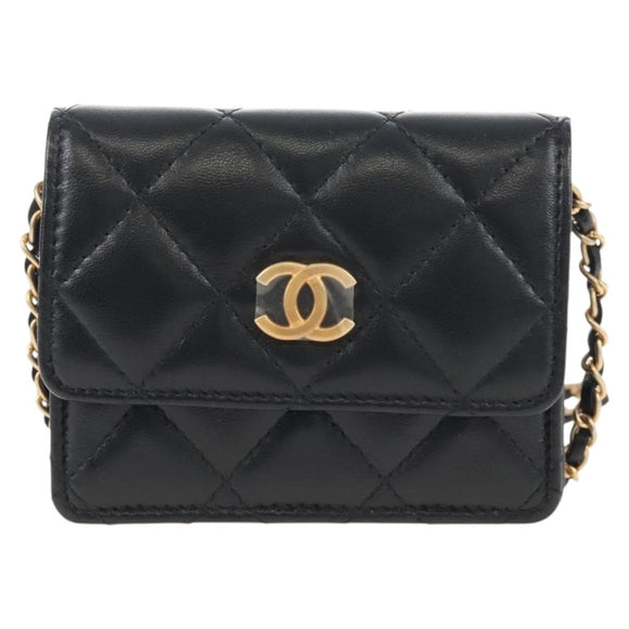 CHANEL Matelasse Mini Chain Wallet Lamb Skin Black Gold Tone CC Auth 209112SAM