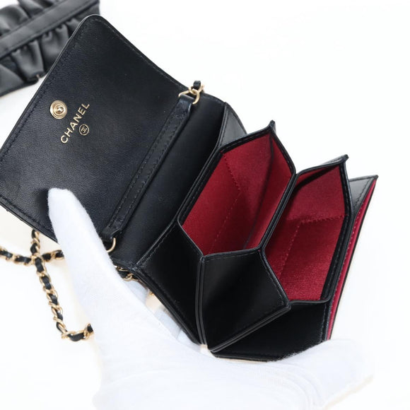 CHANEL Matelasse Mini Chain Wallet Lamb Skin Black Gold Tone CC Auth 209112SAM