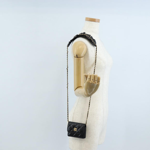 CHANEL Matelasse Mini Chain Wallet Lamb Skin Black Gold Tone CC Auth 209112SAM