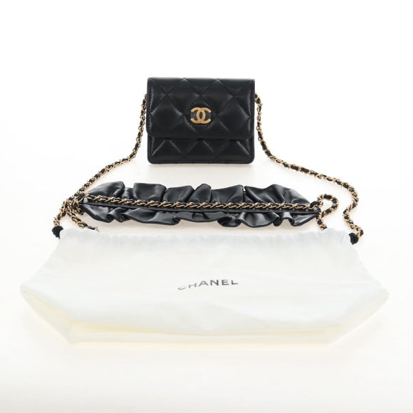 CHANEL Matelasse Mini Chain Wallet Lamb Skin Black Gold Tone CC Auth 209112SAM