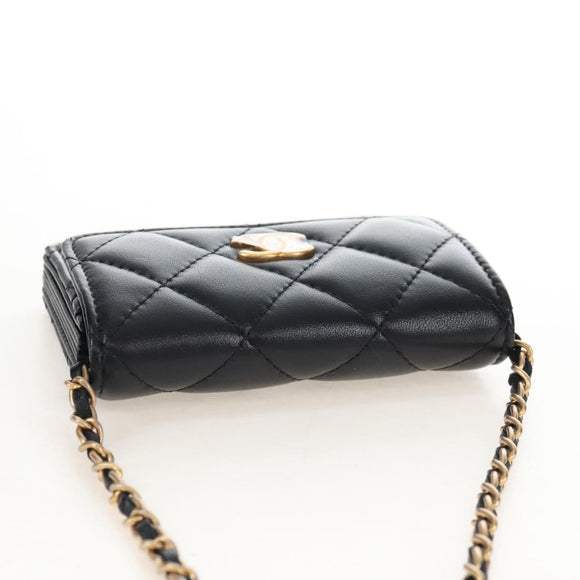 CHANEL Matelasse Mini Chain Wallet Lamb Skin Black Gold Tone CC Auth 209112SAM