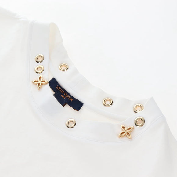 LOUIS VUITTON Side Strap Short-Sleeved T-Shirt Cotton White Gold LV Auth 209145