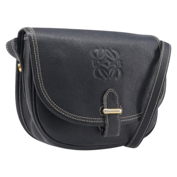 LOEWE Anagram Shoulder Bag Leather Black Gold Tone Auth 209157