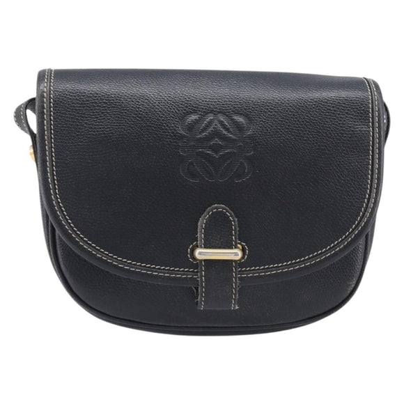 LOEWE Anagram Shoulder Bag Leather Black Gold Tone Auth 209157