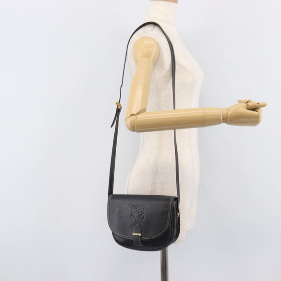 LOEWE Anagram Shoulder Bag Leather Black Gold Tone Auth 209157