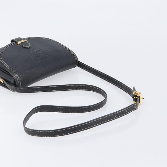 LOEWE Anagram Shoulder Bag Leather Black Gold Tone Auth 209157