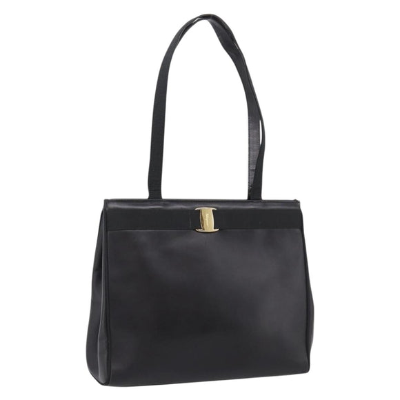Salvatore Ferragamo Vala Tote Bag Leather Black Gold Tone Auth 209160