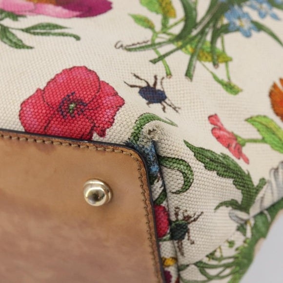 GUCCI Bamboo Flora Hand Bag Canvas Beige Gold Tone 137394 Auth 209161