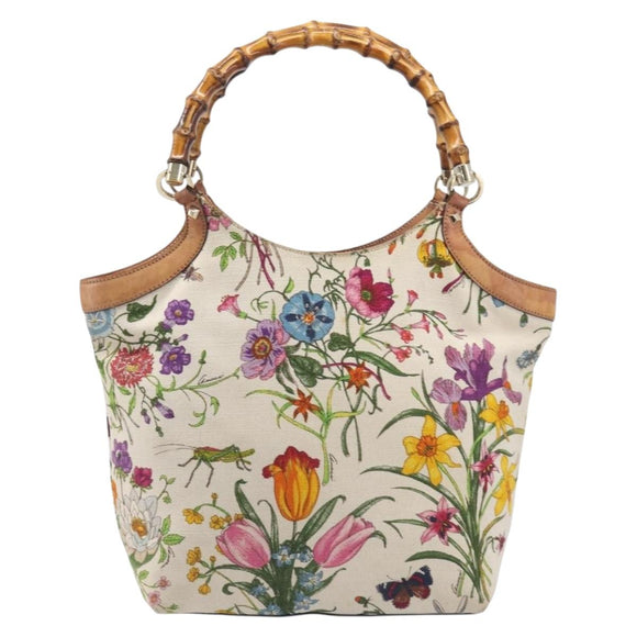 GUCCI Bamboo Flora Hand Bag Canvas Beige Gold Tone 137394 Auth 209161