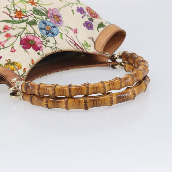 GUCCI Bamboo Flora Hand Bag Canvas Beige Gold Tone 137394 Auth 209161