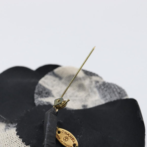 CHANEL Camelia Brooch Polyester Black Gold Tone CC Auth 209168
