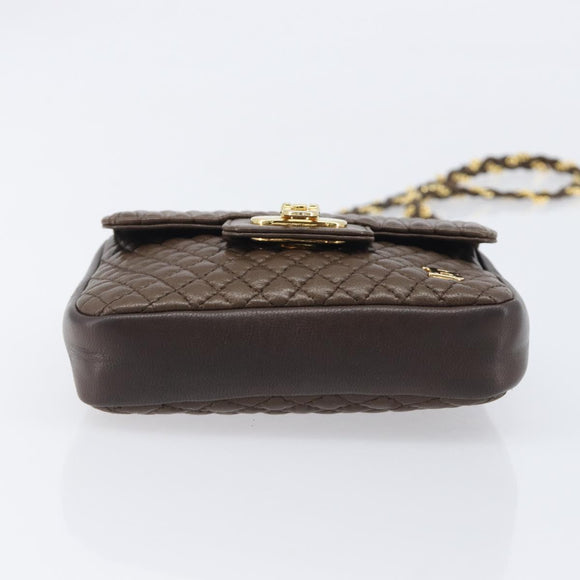 Bally Quilted ChainShoulder Pouch Leather Brown Gold Tone Auth 209174A