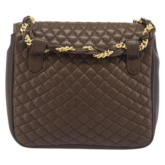 Bally Quilted ChainShoulder Pouch Leather Brown Gold Tone Auth 209174A