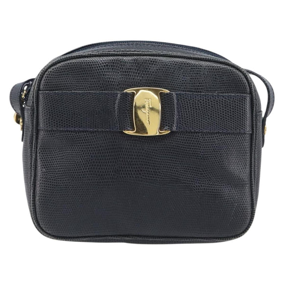 Salvatore Ferragamo Shoulder Bag Leather Navy Gold Tone Auth 209178