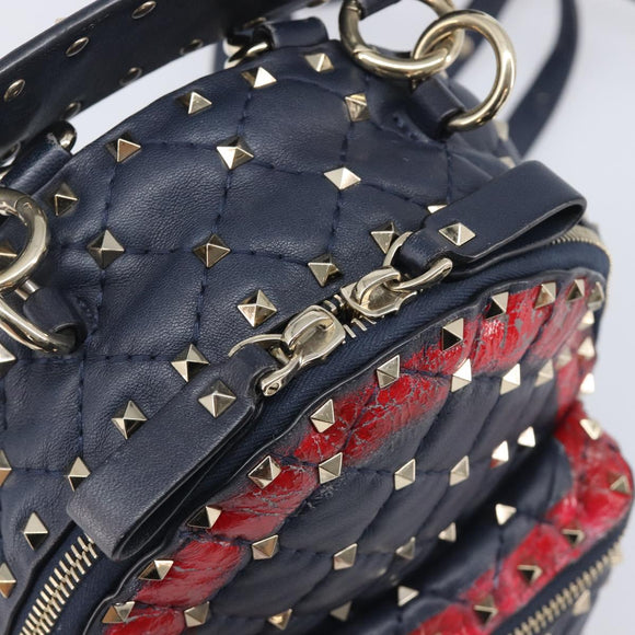 Valentino Studs Backpack Leather Navy Gold Tone Auth 209184