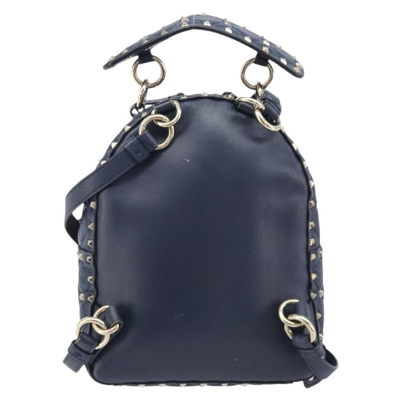 Valentino Studs Backpack Leather Navy Gold Tone Auth 209184