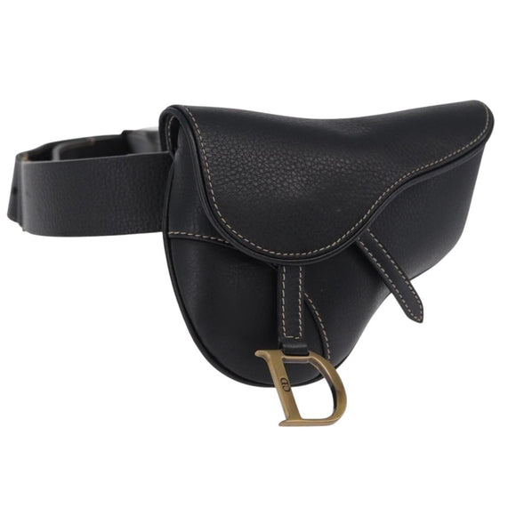 Christian Dior Saddle Waist Bag Leather Black Gold Tone Auth 209213A