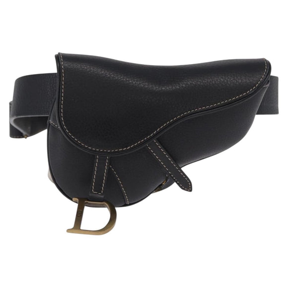 Christian Dior Saddle Waist Bag Leather Black Gold Tone Auth 209213A
