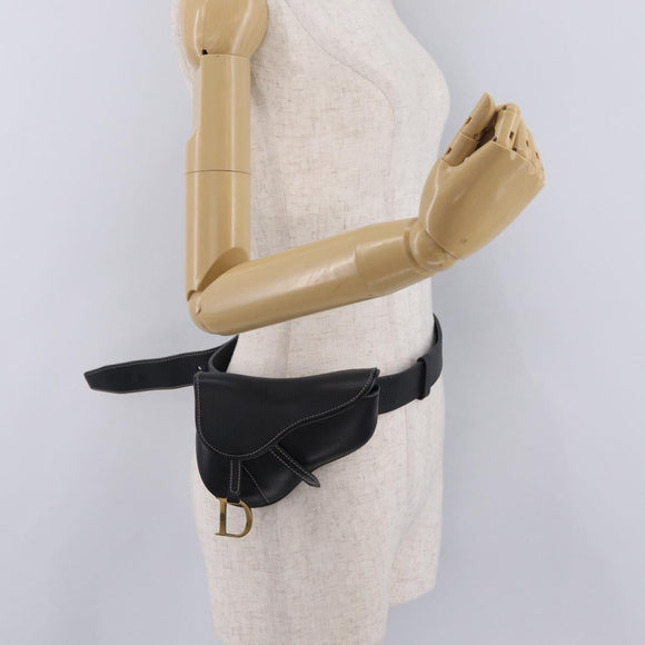 Christian Dior Saddle Waist Bag Leather Black Gold Tone Auth 209213A
