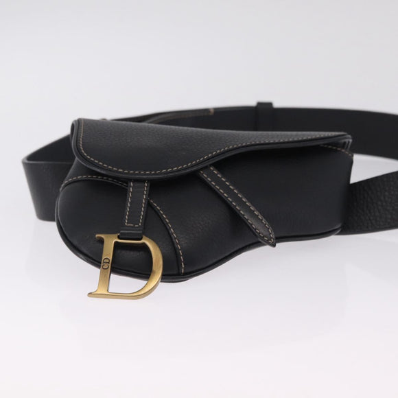 Christian Dior Saddle Waist Bag Leather Black Gold Tone Auth 209213A