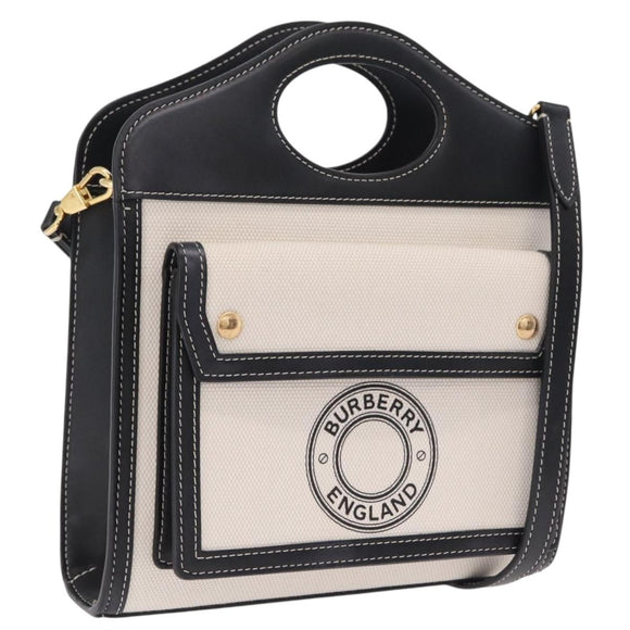 BURBERRY Hand Bag Canvas 2way White Black Auth 209256V