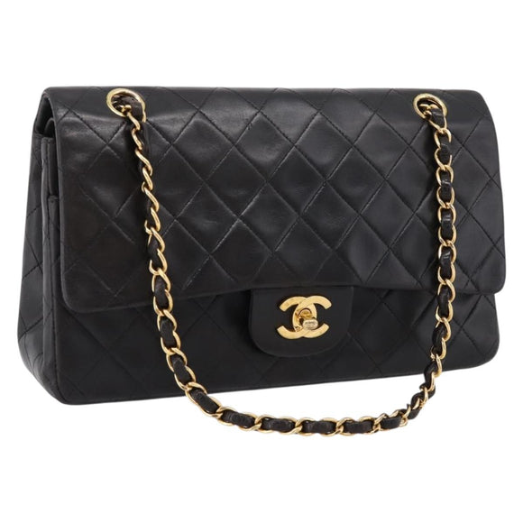 CHANEL Chain Matelasse 25 Shoulder Bag Lamb Skin Black Gold CC Auth 209270V