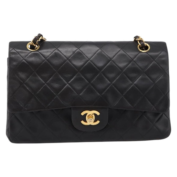 CHANEL Chain Matelasse 25 Shoulder Bag Lamb Skin Black Gold CC Auth 209270V