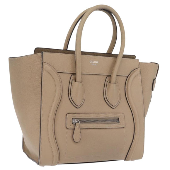 CELINE Luggage Micro Shopper Hand Bag Leather Beige Gold Auth 209272V