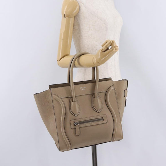 CELINE Luggage Micro Shopper Hand Bag Leather Beige Gold Auth 209272V