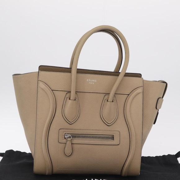 CELINE Luggage Micro Shopper Hand Bag Leather Beige Gold Auth 209272V