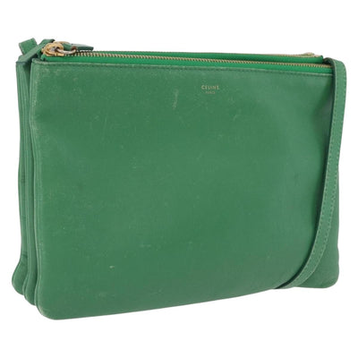 CELINE Trio Shoulder Bag Leather Green Gold Auth 209280