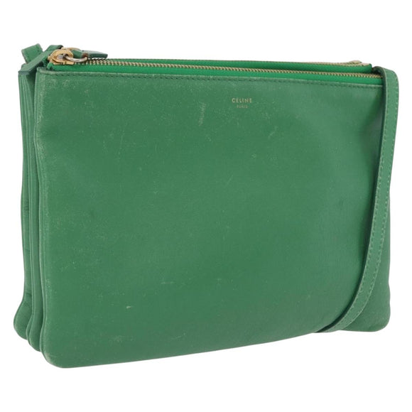 CELINE Trio Shoulder Bag Leather Green Gold Auth 209280