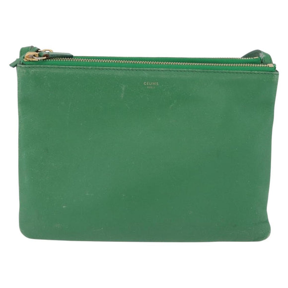 CELINE Trio Shoulder Bag Leather Green Gold Auth 209280