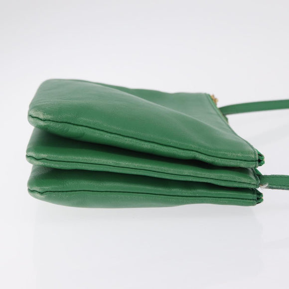 CELINE Trio Shoulder Bag Leather Green Gold Auth 209280