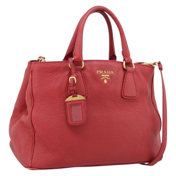 PRADA Hand Bag Leather 2way Red Gold Auth 209282A